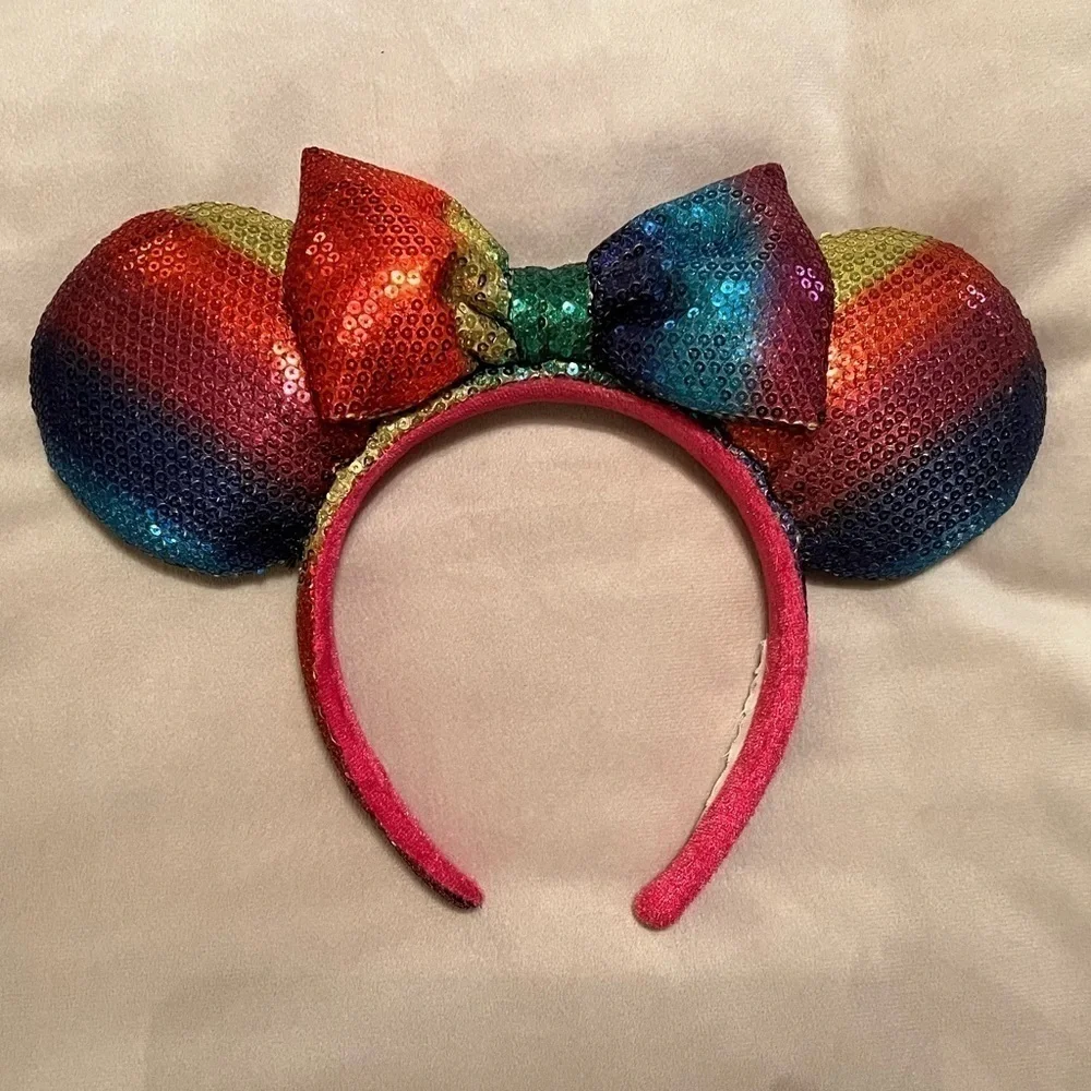 DISNEY PARKS Rainbow Sequins Minnie Mouse Ears Headband Pink Red Purple Blue